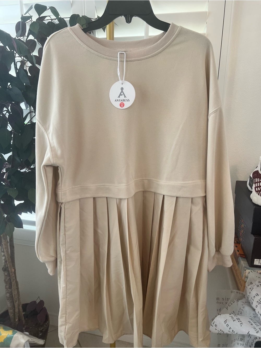 Anrabess Beige Midi Dress - Pleated Skirt Sweatshirt Style
